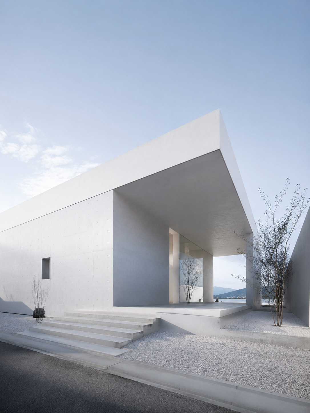 Volumen arquitectónico blanco con escalinata y cielo abierto